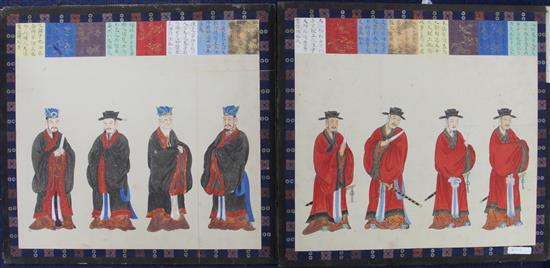 A Chinese concertina album of historical Chinese figures, late 19th / early 20th century, 46 x 49cm, some pages separated